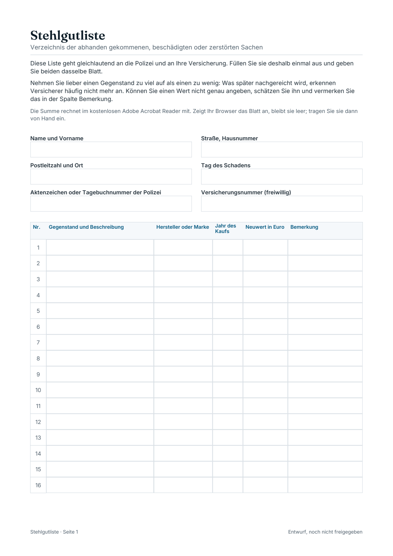 Erste Seite der Stehlgutliste mit Kopffeldern und Positionstabelle