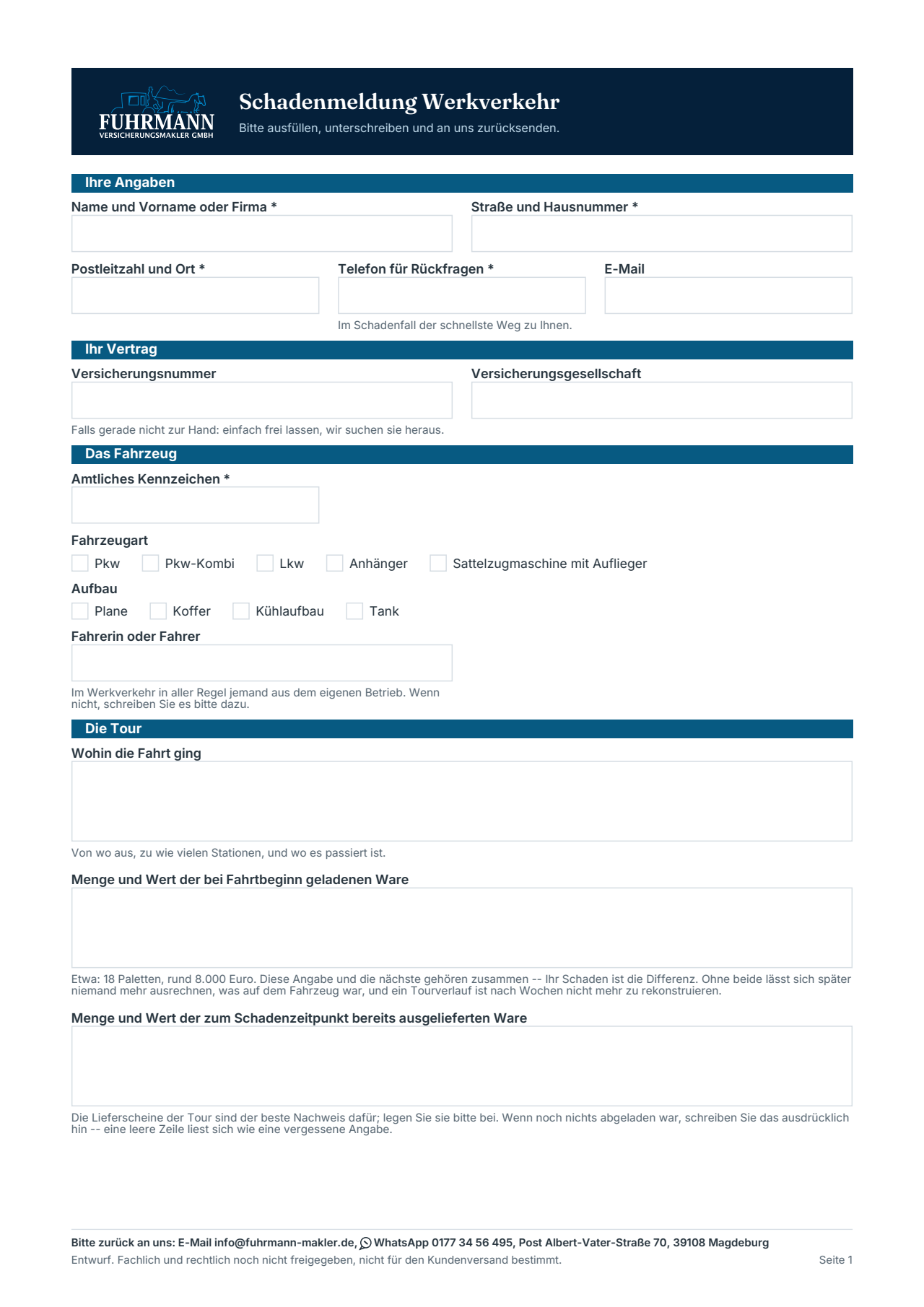 Erste Seite der Schadenmeldung für den Werkverkehr