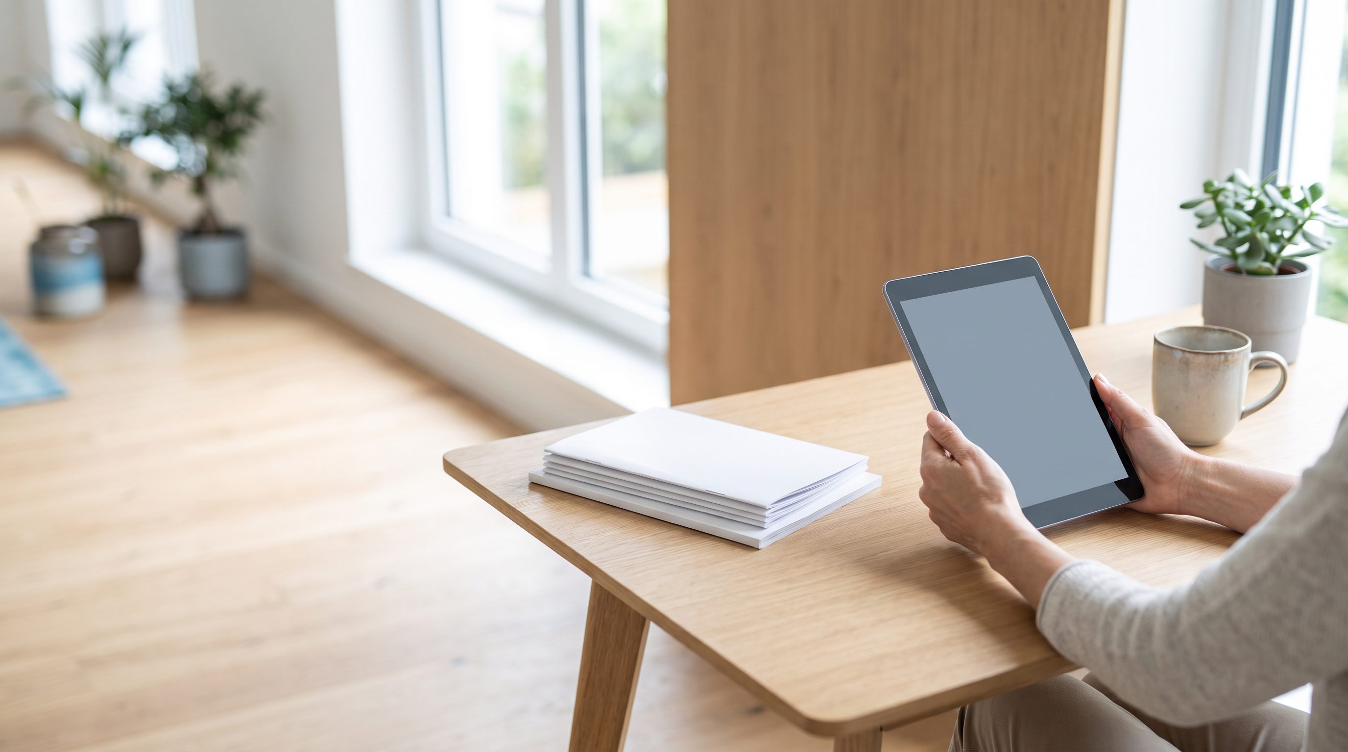 Hände halten ein Tablet an einem hellen Schreibtisch, daneben ein Stapel Broschüren
