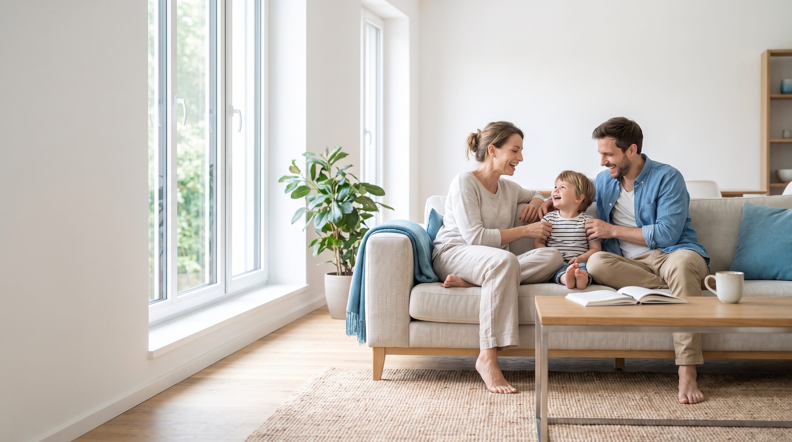 Junge Familie sitzt gelöst auf einem hellen Sofa im Wohnzimmer
