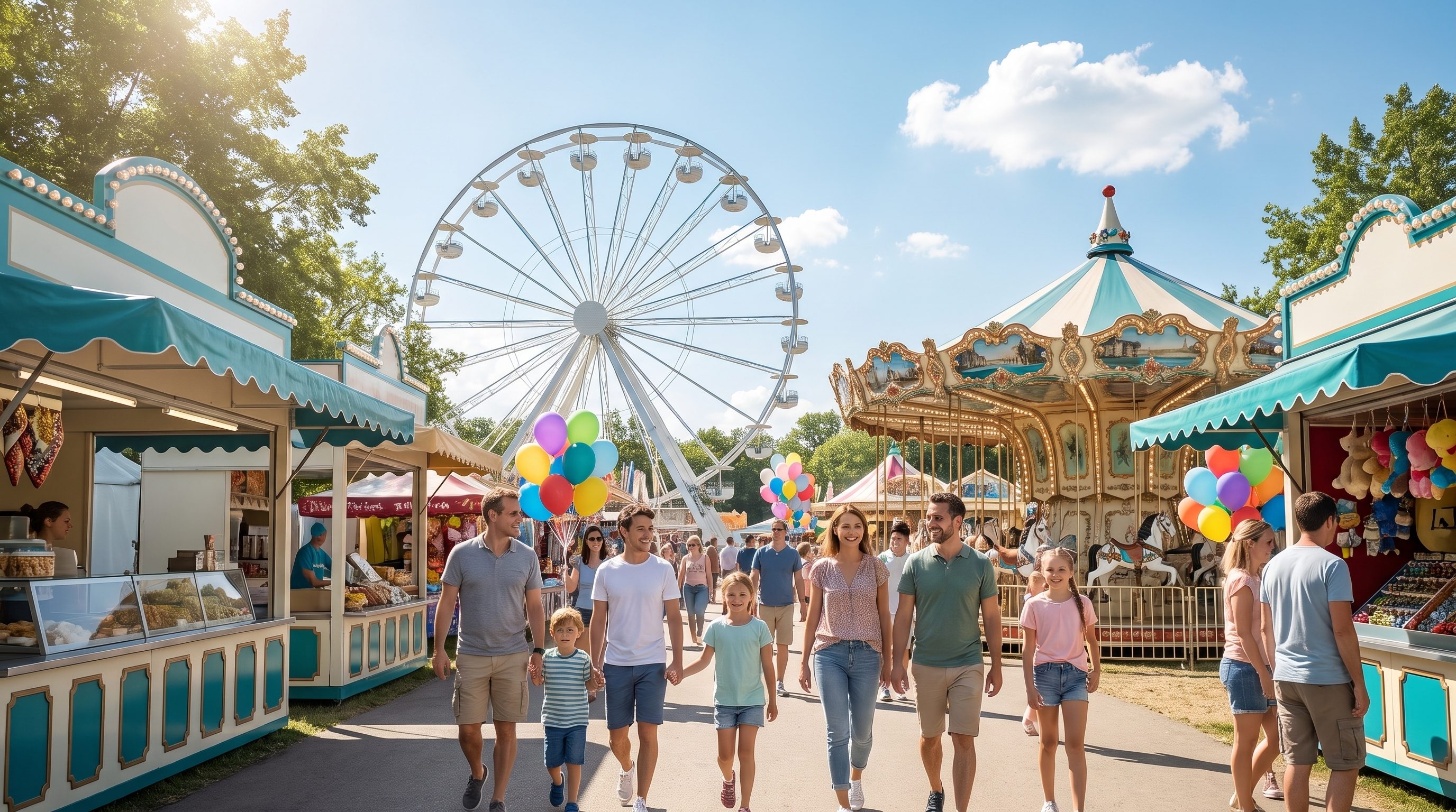 Sonniger Schaustellerplatz mit Riesenrad, Karussell und Besuchern