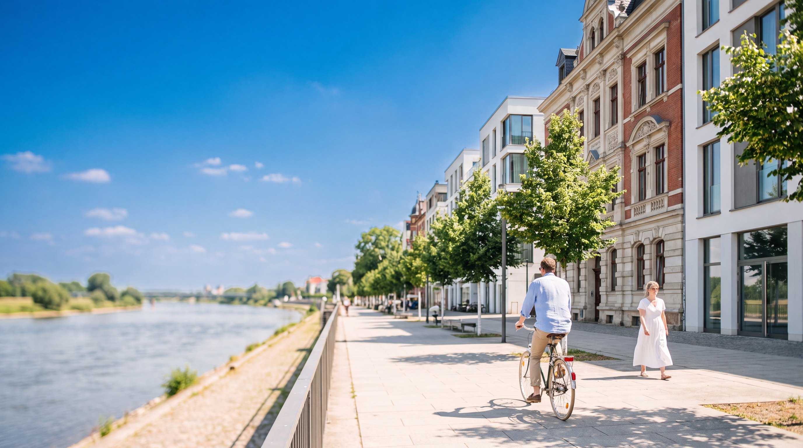 Helle Uferpromenade an der Elbe in Magdeburg, moderne und Gründerzeitfassaden, blauer Sommerhimmel