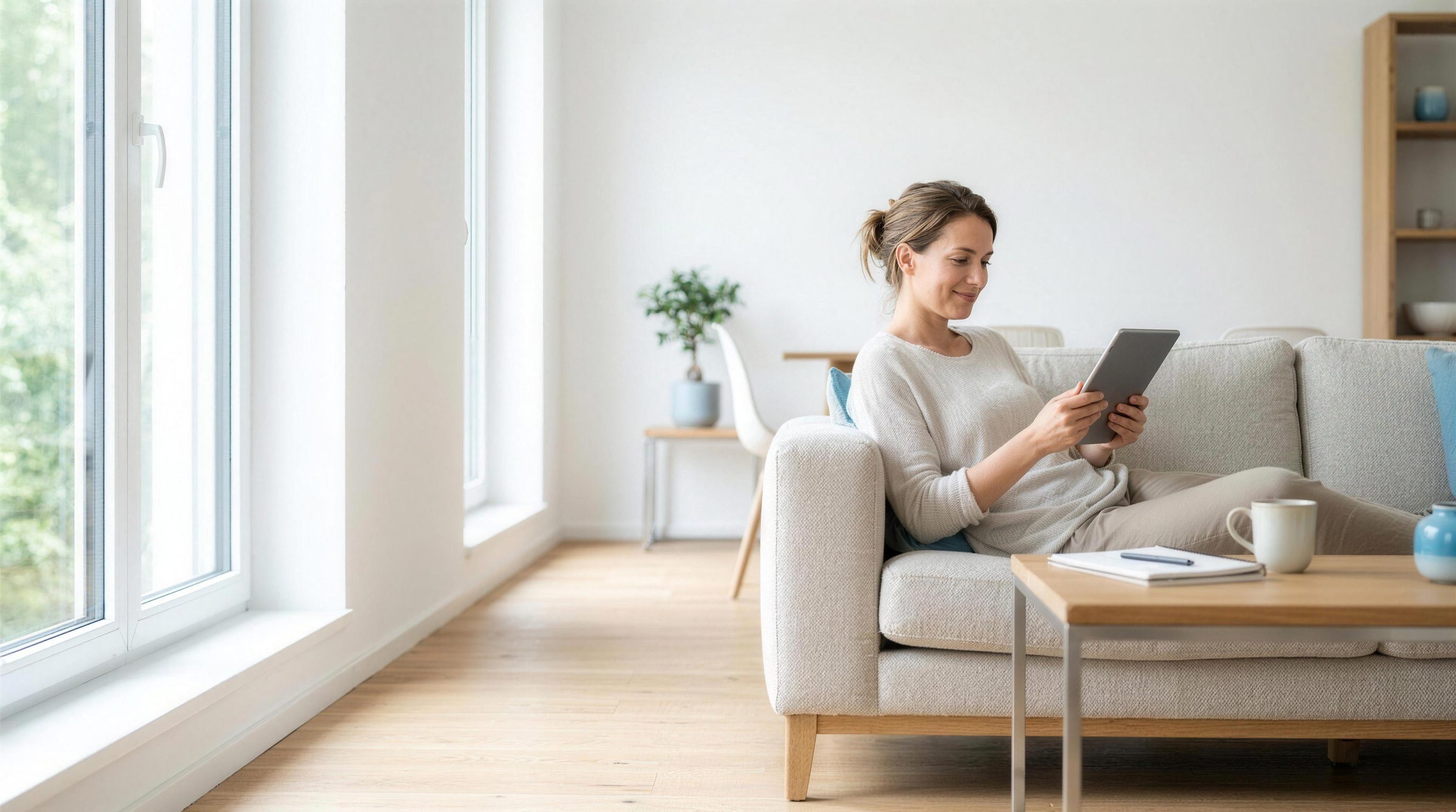 Frau sitzt entspannt mit Tablet auf einem hellen Sofa im Wohnzimmer