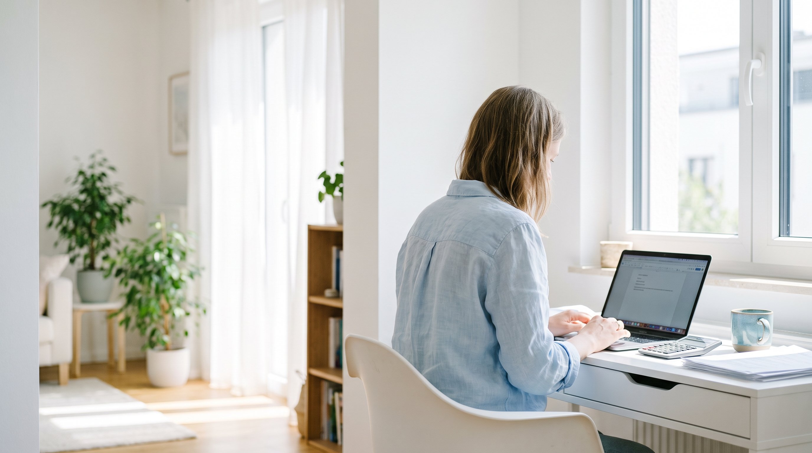 Person sitzt am Esstisch am Fenster, vor sich ein Notizbuch und ein aufgeklappter Laptop, und überlegt in Ruhe