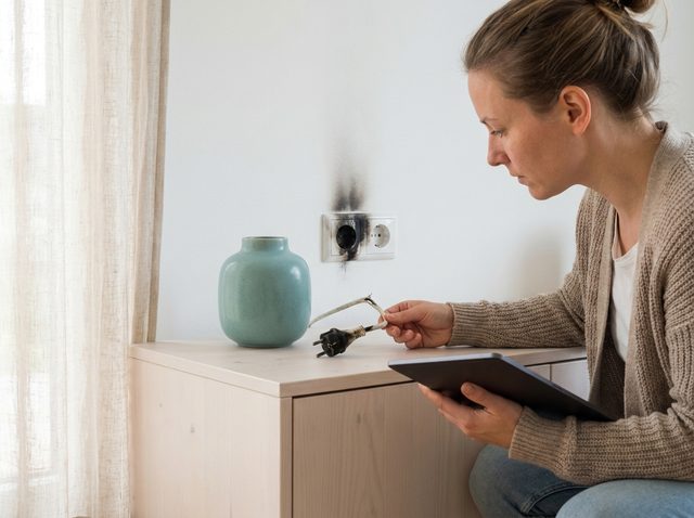 Verrußte Steckdose an einer Wohnzimmerwand, eine Frau hält den abgezogenen Stecker in der Hand