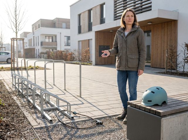 Leerer Fahrradständer vor einem Wohnhaus, am Boden liegt ein durchtrenntes Schloss
