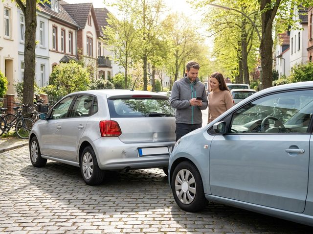 Zwei Autos nach einem leichten Auffahrunfall am Straßenrand, zwei Menschen tauschen daneben ihre Daten aus