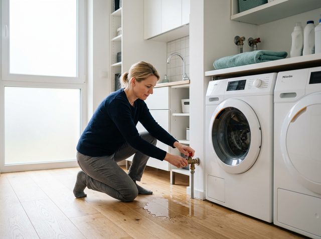 Frau dreht in der Hauswirtschaftsecke den Absperrhahn zu, auf dem Boden steht Wasser