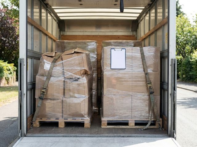 Geöffneter Lkw-Kofferaufbau mit zwei verzurrten, folienverpackten Frachtpaletten, die Kartons der linken Palette sind eingedrückt