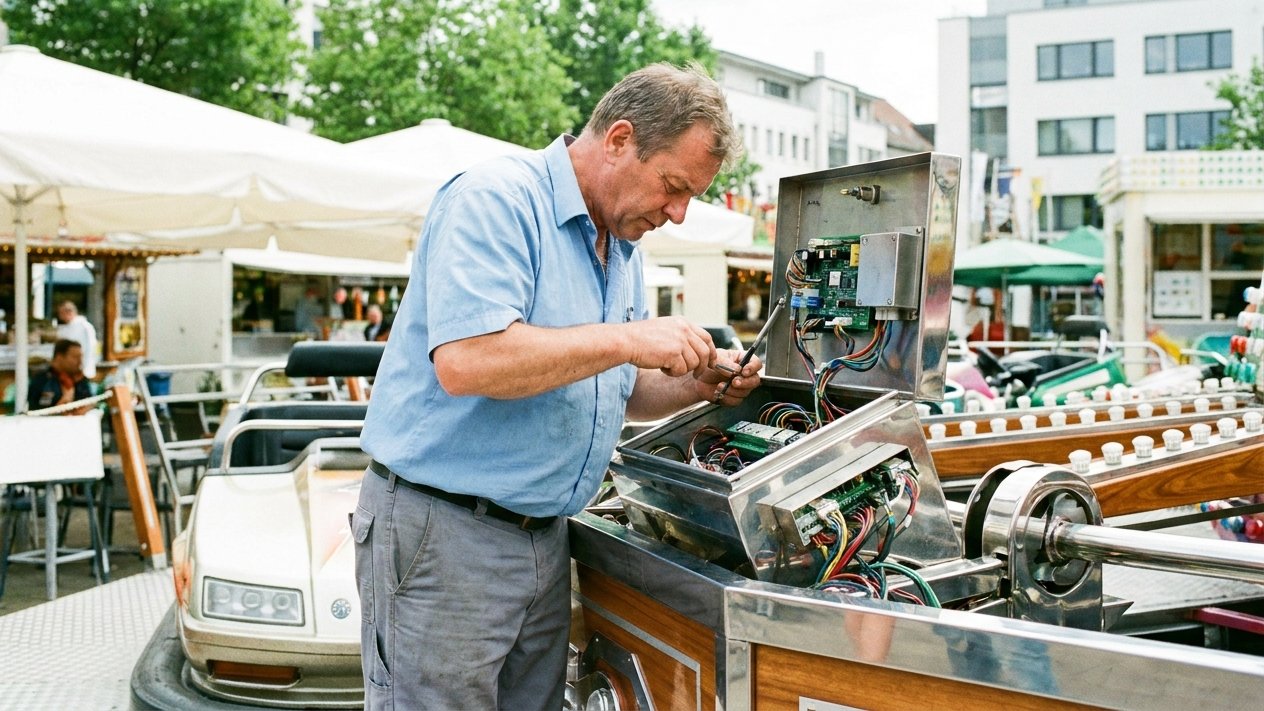 Schausteller wartet die Technik eines Fahrgeschäfts