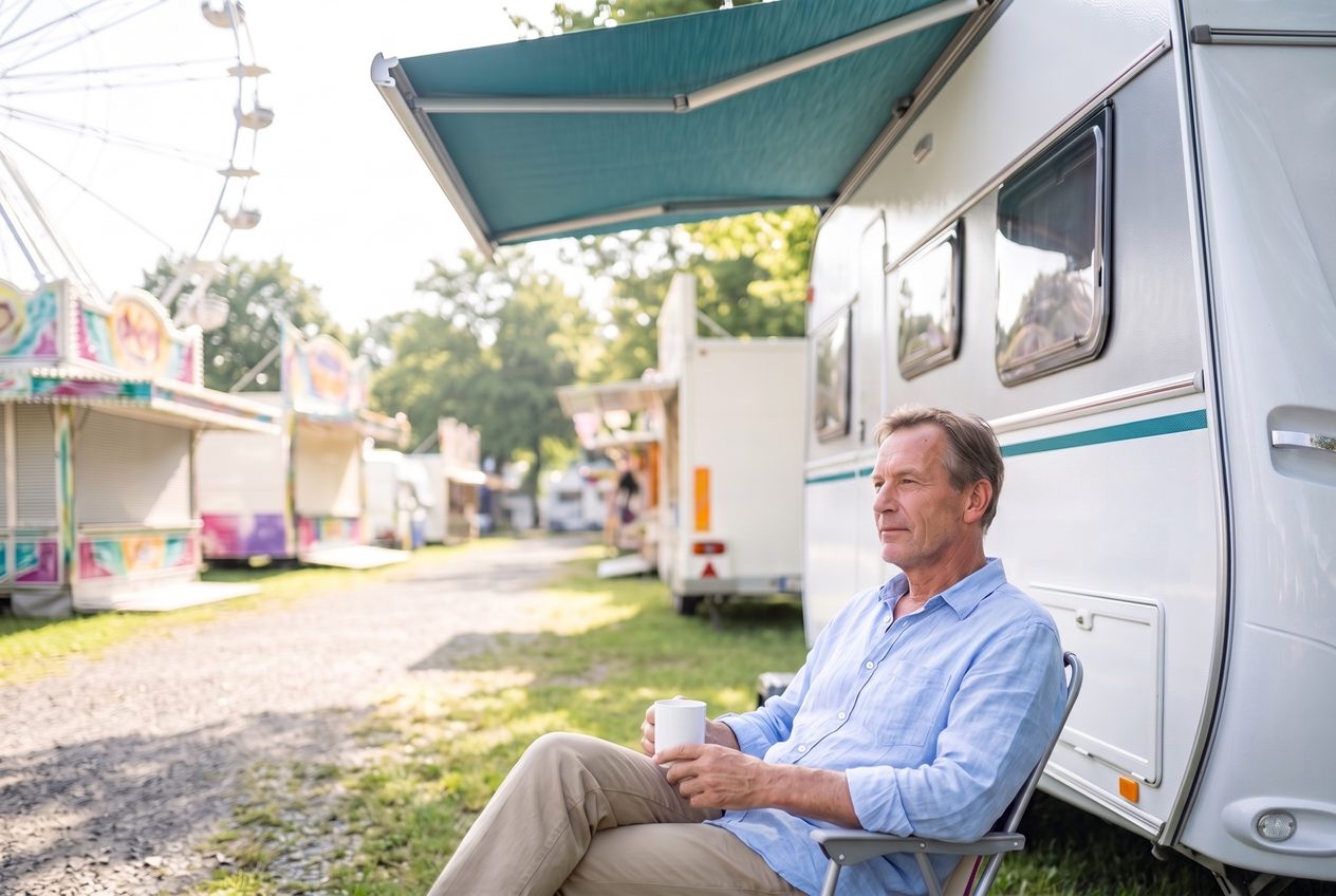 Schausteller macht am Wohnwagen eine ruhige Pause