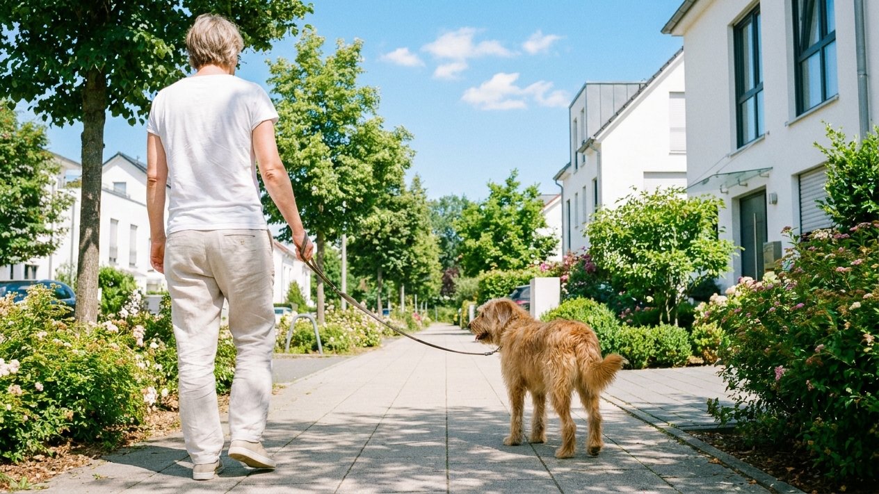 Person geht entspannt mit ihrem Hund spazieren