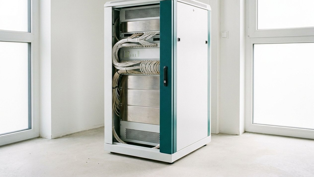 Netzwerkschrank im Technikraum eines Wohnhauses