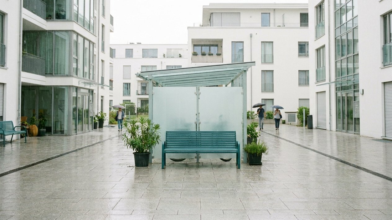 Regen an einer Fensterscheibe mit Haus im Hintergrund